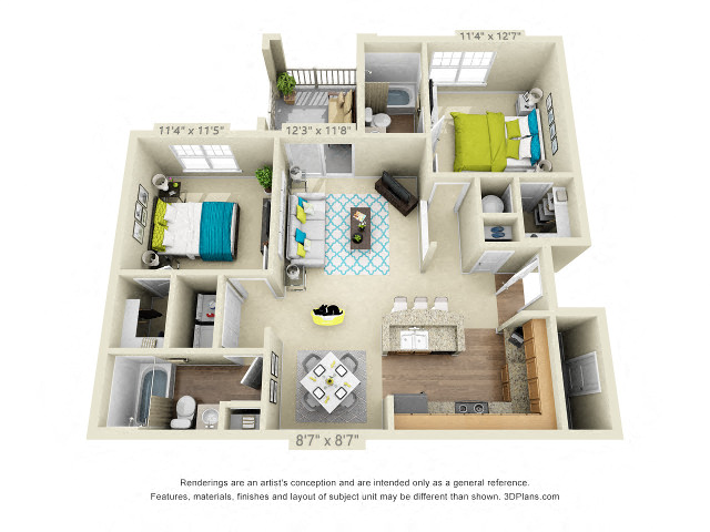 Floor plan for 2 beds, 2 baths, 966 sqft